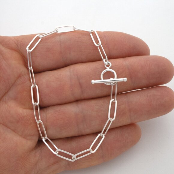 925 Sterling Silver Paperclip Toggle Clasp Bracelet 7 inch, Dainty Bracelet - Picture 7 of 9